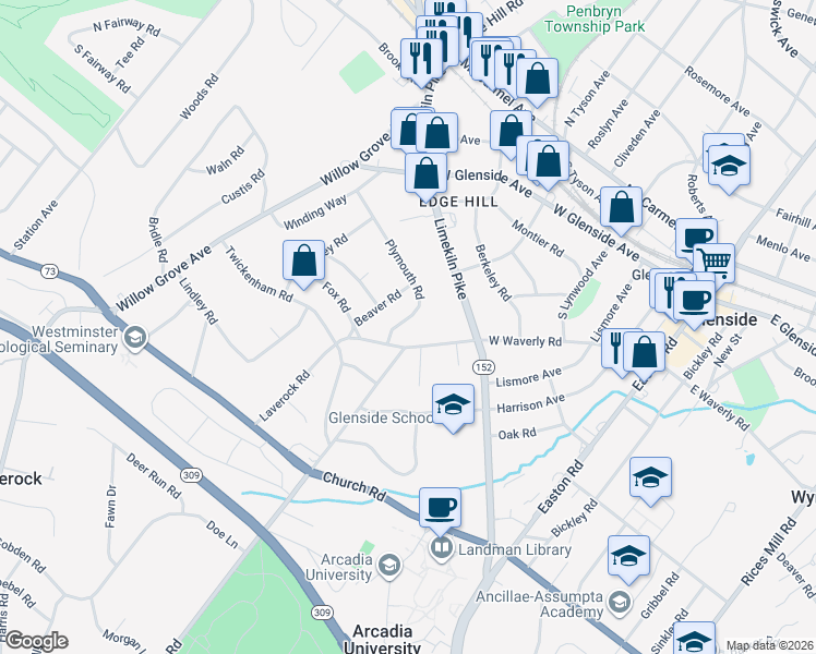 map of restaurants, bars, coffee shops, grocery stores, and more near 517 Plymouth Road in Glenside