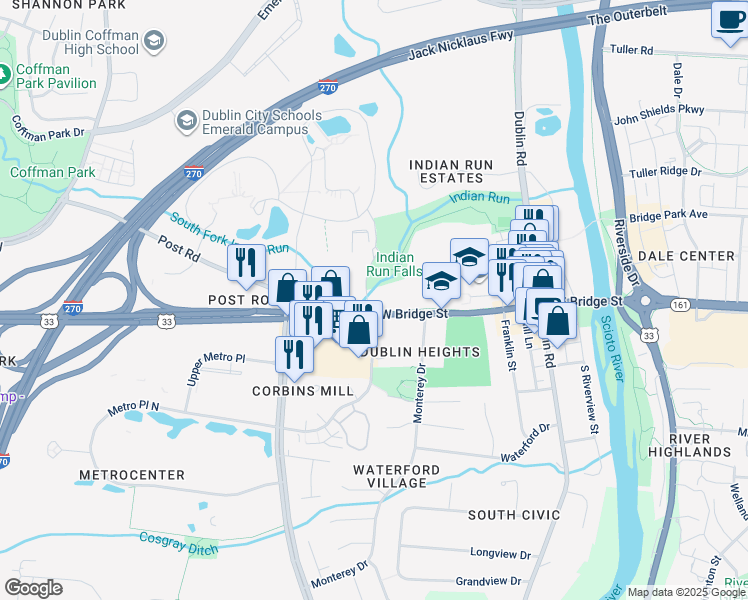 map of restaurants, bars, coffee shops, grocery stores, and more near 220 West Bridge Street in Dublin