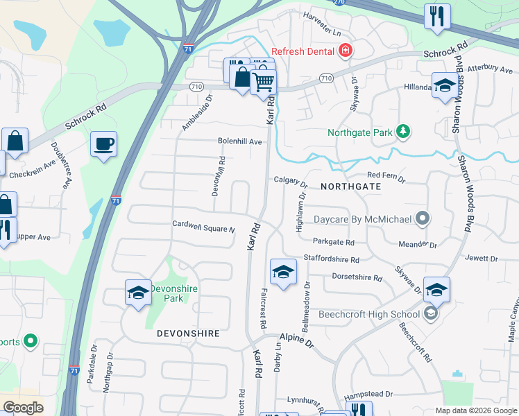 map of restaurants, bars, coffee shops, grocery stores, and more near 6471 Karl Road in Columbus