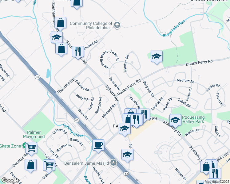 map of restaurants, bars, coffee shops, grocery stores, and more near 3159 Byberry Road in Philadelphia