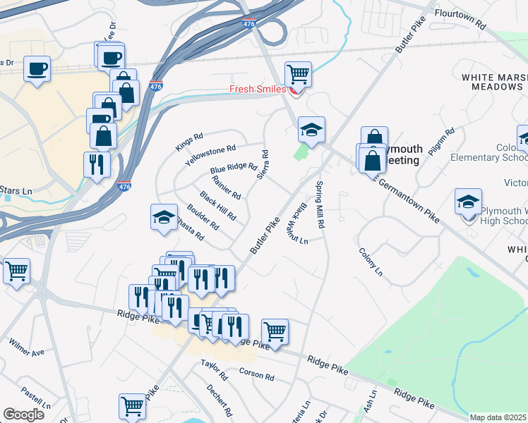 map of restaurants, bars, coffee shops, grocery stores, and more near 2098 Butler Pike in Plymouth Meeting