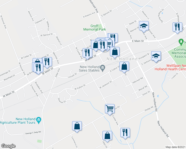 map of restaurants, bars, coffee shops, grocery stores, and more near 123 South Custer Avenue in New Holland