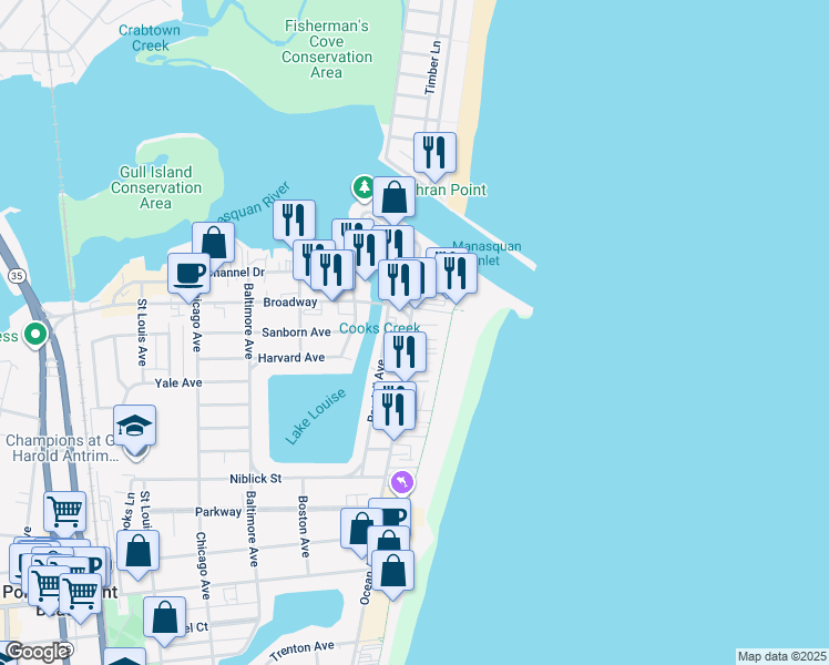 map of restaurants, bars, coffee shops, grocery stores, and more near 5 Bowling Green in Point Pleasant Beach
