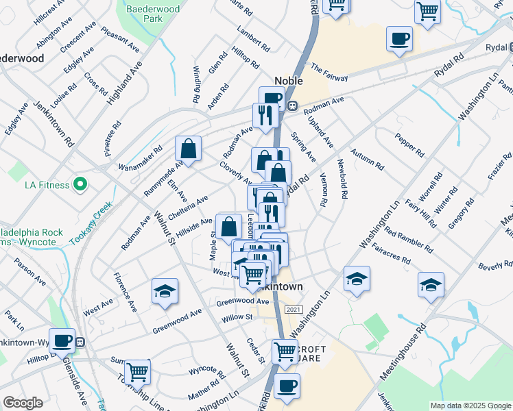 map of restaurants, bars, coffee shops, grocery stores, and more near 613 Shoemaker Avenue in Jenkintown