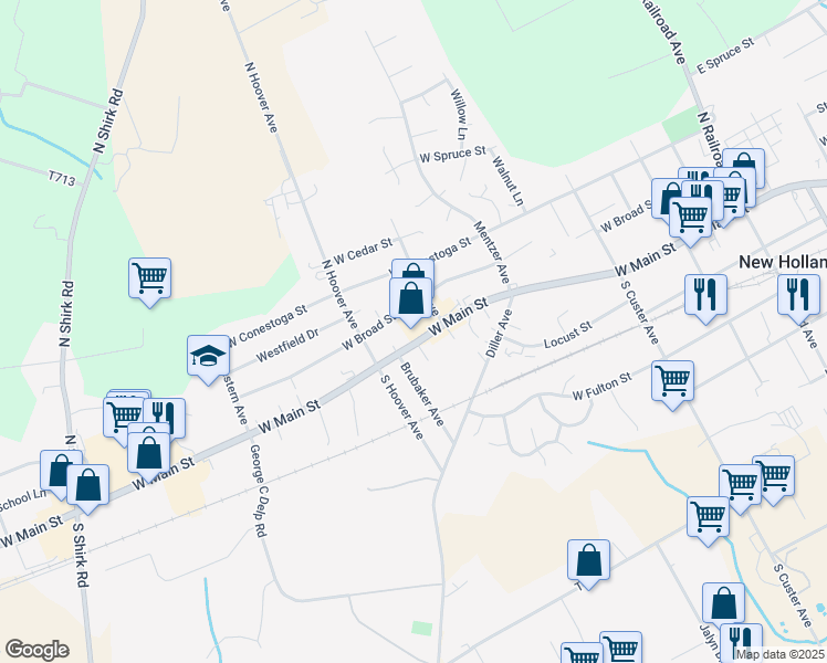 map of restaurants, bars, coffee shops, grocery stores, and more near 427 West Main Street in New Holland