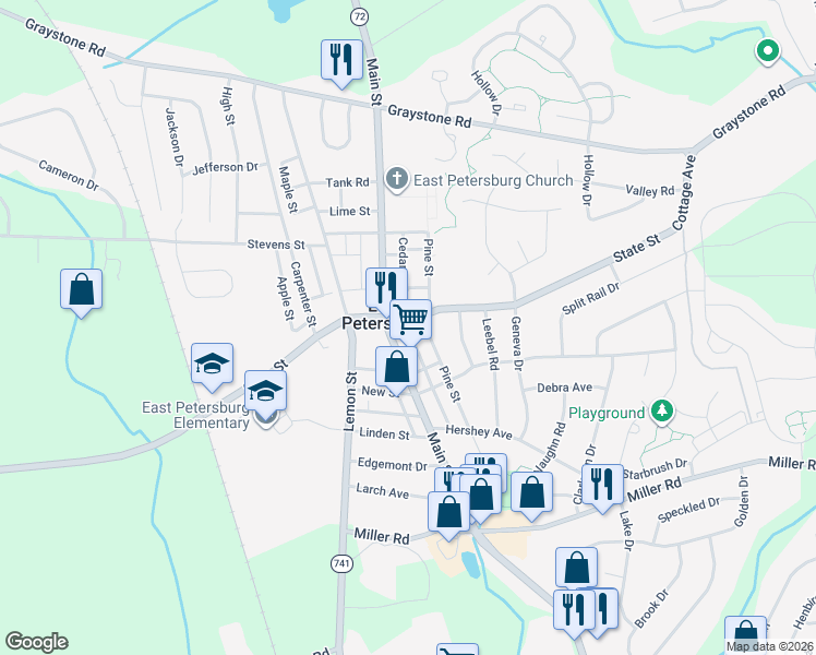 map of restaurants, bars, coffee shops, grocery stores, and more near 2 Cedar Street in East Petersburg