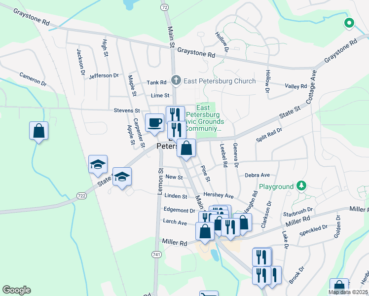 map of restaurants, bars, coffee shops, grocery stores, and more near 2 Cedar Street in East Petersburg