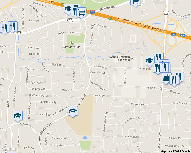 map of restaurants, bars, coffee shops, grocery stores, and more near 6404 Sharon Woods Boulevard in Columbus