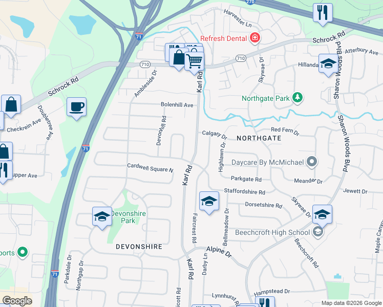 map of restaurants, bars, coffee shops, grocery stores, and more near 6471 Karl Road in Columbus