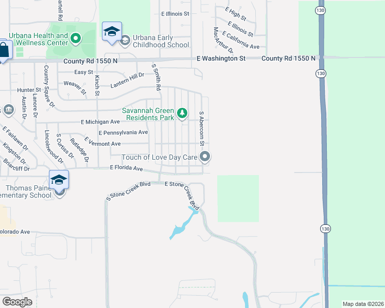 map of restaurants, bars, coffee shops, grocery stores, and more near 1601 South Abercorn Street in Urbana