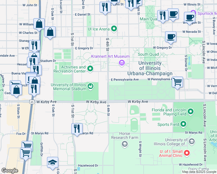 map of restaurants, bars, coffee shops, grocery stores, and more near 1454-1522 South 4th Street in Champaign