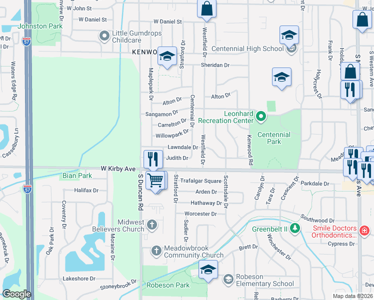 map of restaurants, bars, coffee shops, grocery stores, and more near 2704 Judith Drive in Champaign