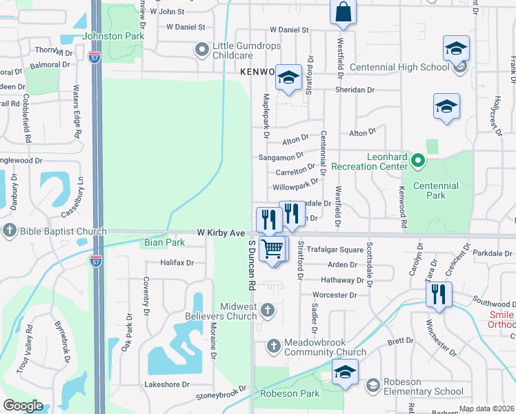 map of restaurants, bars, coffee shops, grocery stores, and more near 2906B Helen Court in Champaign
