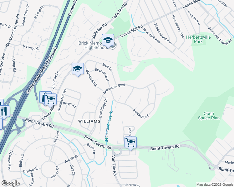 map of restaurants, bars, coffee shops, grocery stores, and more near 9 Vernon Court in Brick