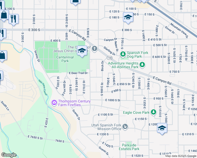 map of restaurants, bars, coffee shops, grocery stores, and more near 886 East 780 South in Spanish Fork