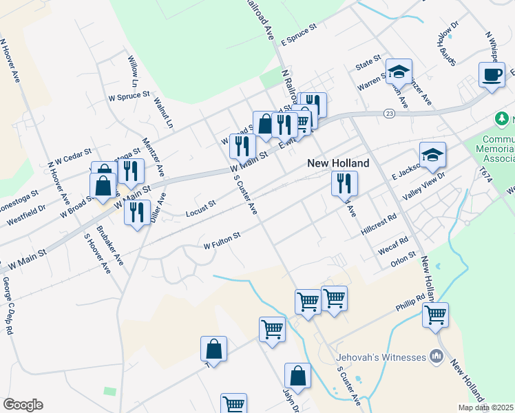 map of restaurants, bars, coffee shops, grocery stores, and more near 117 South Custer Avenue in New Holland