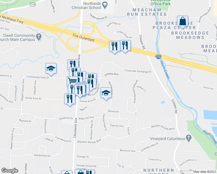 map of restaurants, bars, coffee shops, grocery stores, and more near 6350 Well Fleet Drive in Columbus