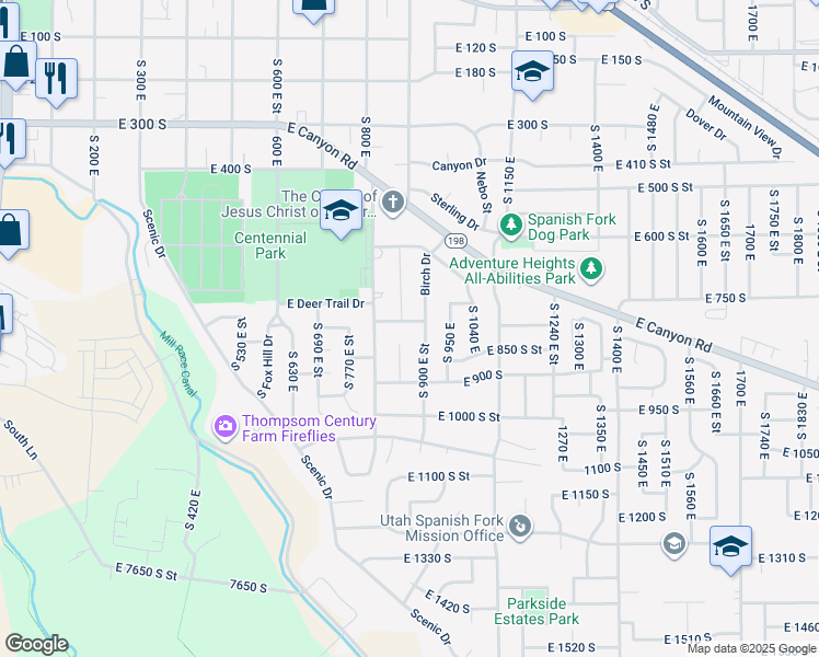 map of restaurants, bars, coffee shops, grocery stores, and more near 886 East 780 South in Spanish Fork