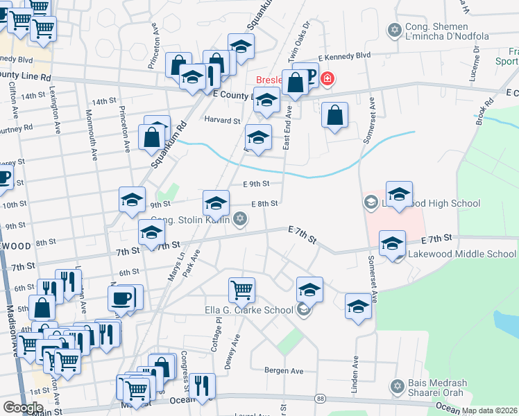 map of restaurants, bars, coffee shops, grocery stores, and more near 735 Nowlan Place in Lakewood Township