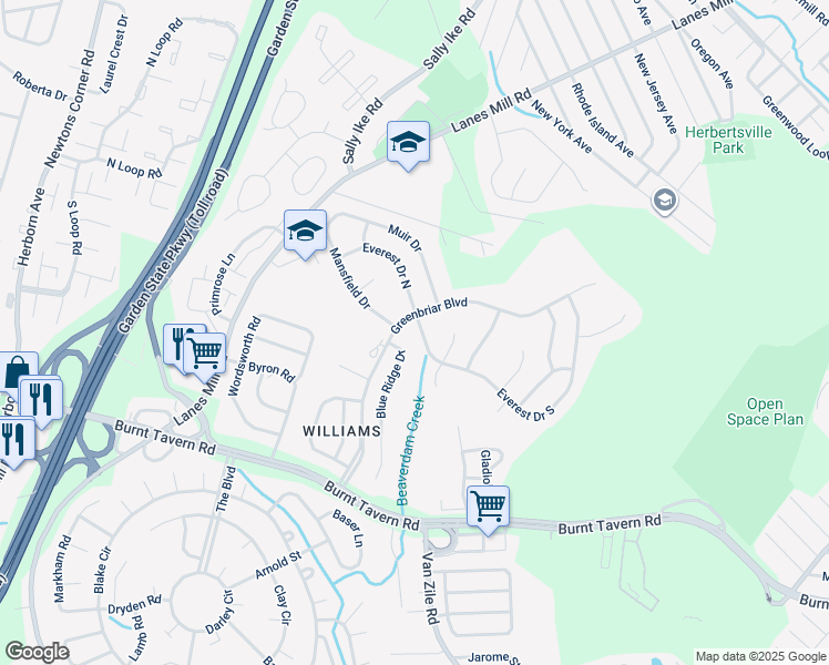 map of restaurants, bars, coffee shops, grocery stores, and more near 56 Everest Drive South in Brick Township
