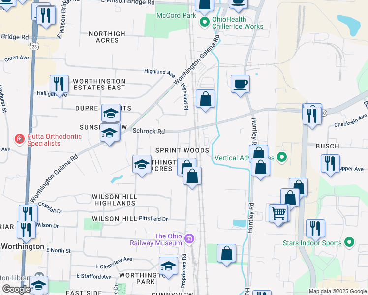 map of restaurants, bars, coffee shops, grocery stores, and more near 6541 Proprietors Road in Worthington