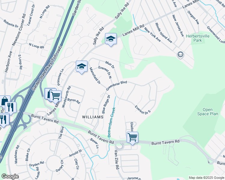 map of restaurants, bars, coffee shops, grocery stores, and more near 56 Everest Drive South in Brick Township