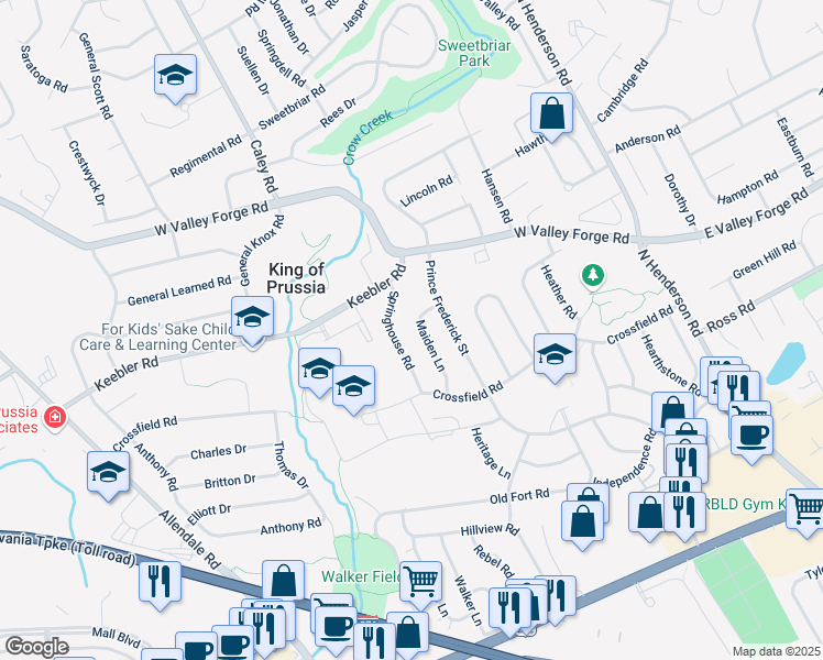 map of restaurants, bars, coffee shops, grocery stores, and more near 410 Maiden Ln in King of Prussia
