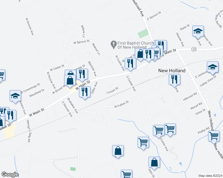 map of restaurants, bars, coffee shops, grocery stores, and more near 257 Locust Street in New Holland