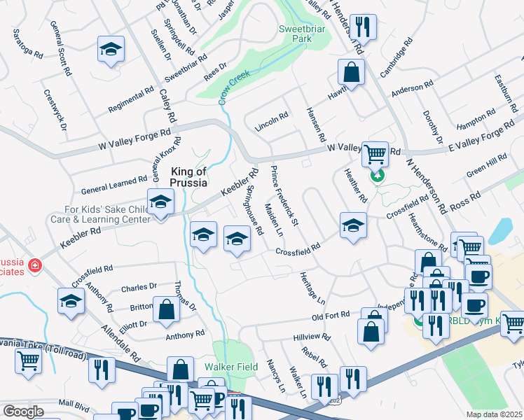 map of restaurants, bars, coffee shops, grocery stores, and more near 410 Maiden Ln in King of Prussia