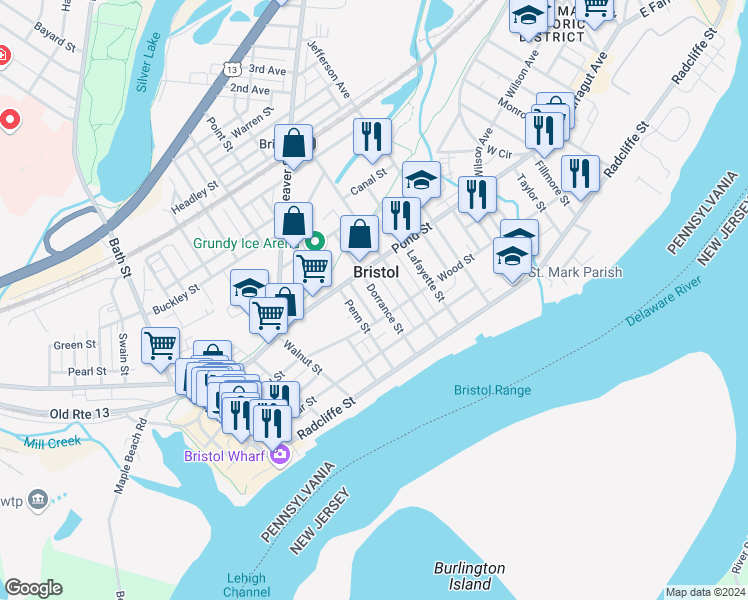 map of restaurants, bars, coffee shops, grocery stores, and more near 324 Dorrance Street in Bristol