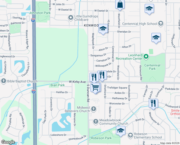map of restaurants, bars, coffee shops, grocery stores, and more near 2906B Helen Court in Champaign