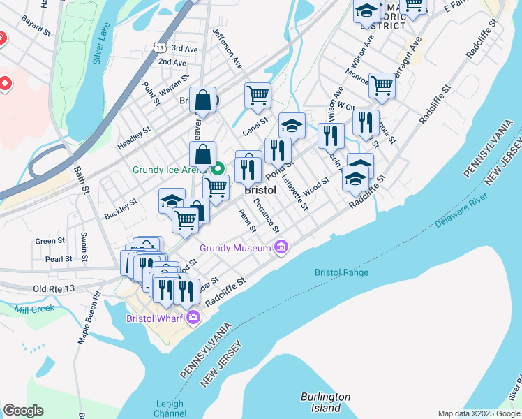 map of restaurants, bars, coffee shops, grocery stores, and more near 340 Dorrance Street in Bristol