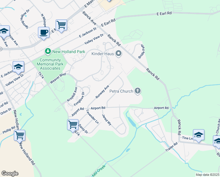 map of restaurants, bars, coffee shops, grocery stores, and more near 22 Runway Avenue in New Holland