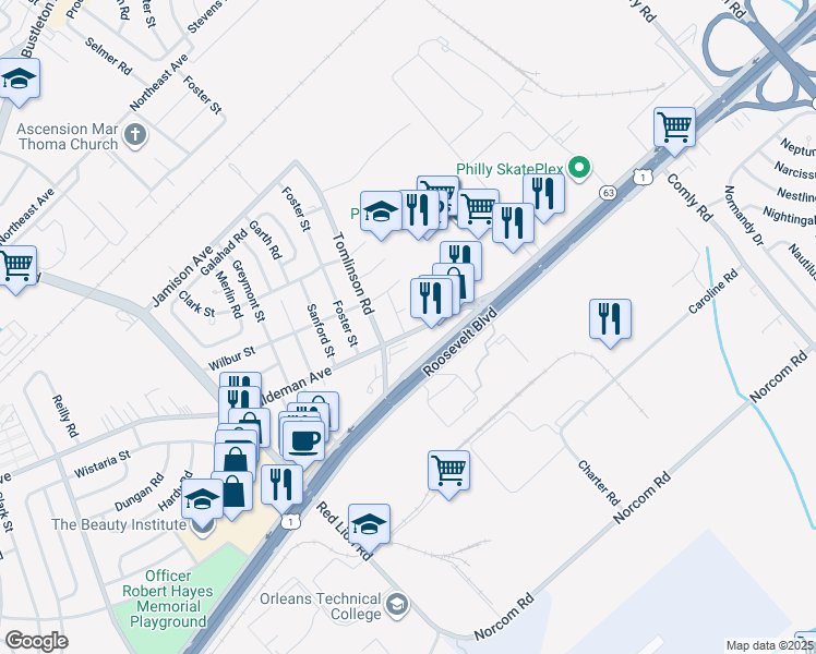map of restaurants, bars, coffee shops, grocery stores, and more near 2025 Barlow Street in Philadelphia