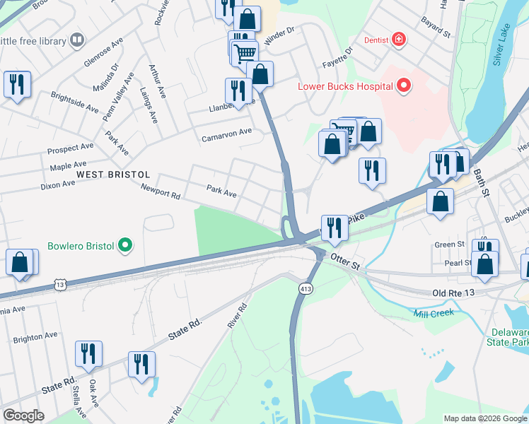 map of restaurants, bars, coffee shops, grocery stores, and more near 213 Park Avenue in Bristol