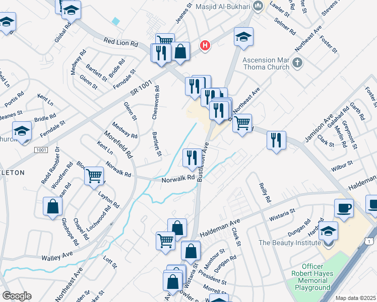 map of restaurants, bars, coffee shops, grocery stores, and more near 9908 Bustleton Avenue in Philadelphia