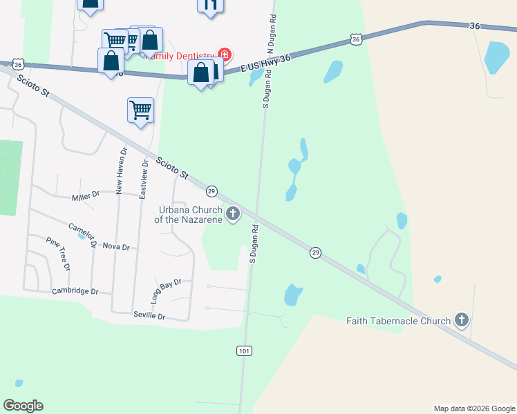 map of restaurants, bars, coffee shops, grocery stores, and more near 555 South Dugan Road in Urbana
