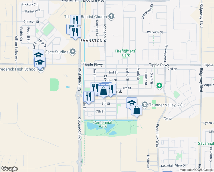 map of restaurants, bars, coffee shops, grocery stores, and more near 411 Oak Street in Frederick