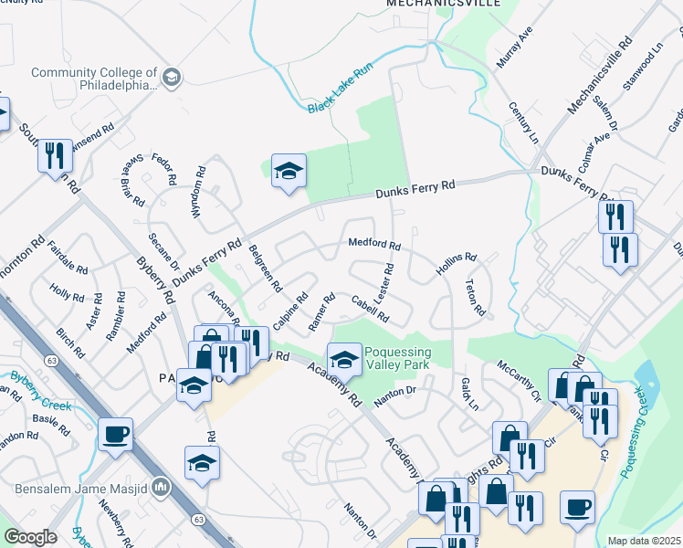 map of restaurants, bars, coffee shops, grocery stores, and more near 12700 Kenny Road in Philadelphia