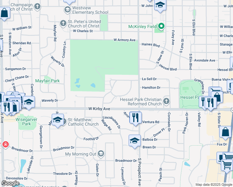 map of restaurants, bars, coffee shops, grocery stores, and more near 51 Greencroft Drive in Champaign