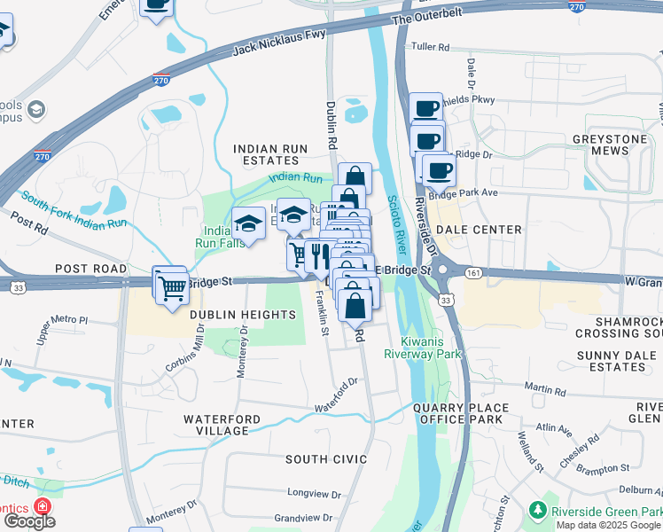 map of restaurants, bars, coffee shops, grocery stores, and more near 32 West Bridge Street in Dublin