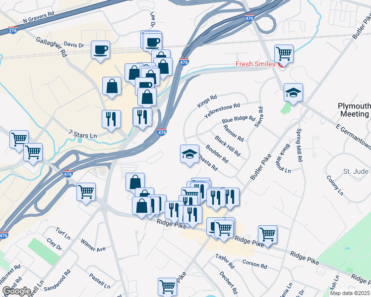 map of restaurants, bars, coffee shops, grocery stores, and more near 141 Shasta Road in Conshohocken