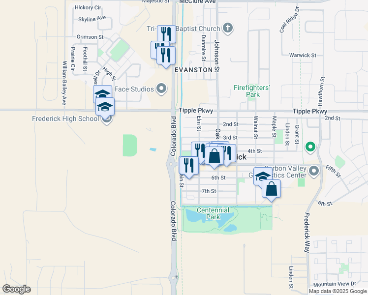 map of restaurants, bars, coffee shops, grocery stores, and more near 101 4th Street in Frederick