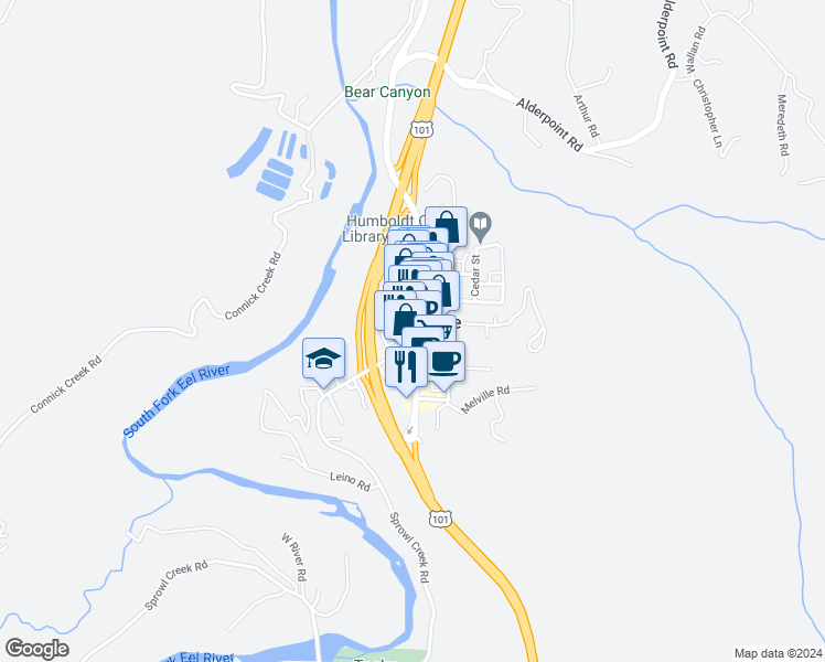 map of restaurants, bars, coffee shops, grocery stores, and more near 820 Redwood Drive in Garberville