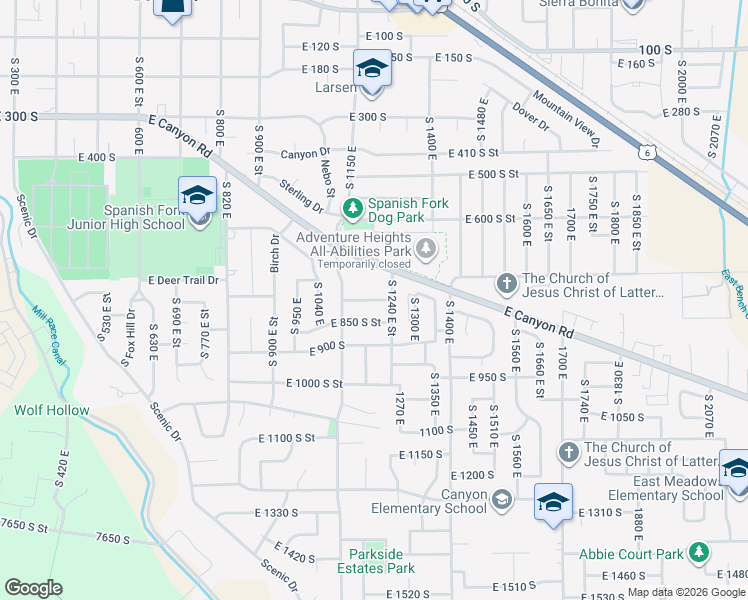map of restaurants, bars, coffee shops, grocery stores, and more near 1160 East 800 South in Spanish Fork
