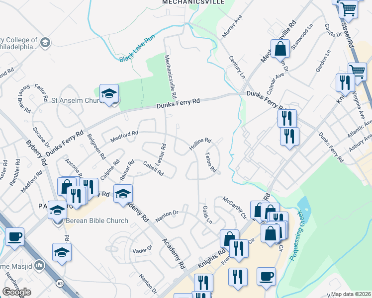 map of restaurants, bars, coffee shops, grocery stores, and more near 12715 Hollins Road in Philadelphia