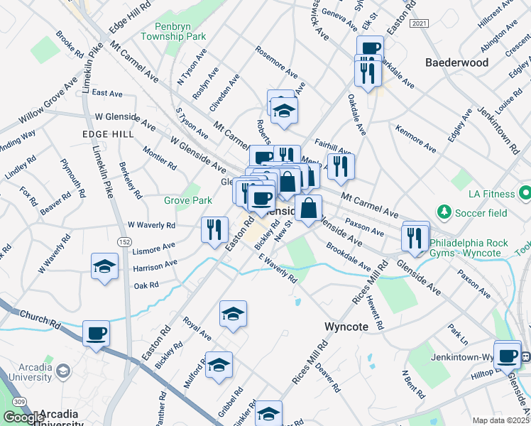 map of restaurants, bars, coffee shops, grocery stores, and more near in Glenside