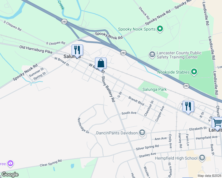 map of restaurants, bars, coffee shops, grocery stores, and more near 144 Stony Battery Road in Salunga-Landisville