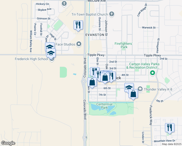 map of restaurants, bars, coffee shops, grocery stores, and more near 101 4th Street in Frederick