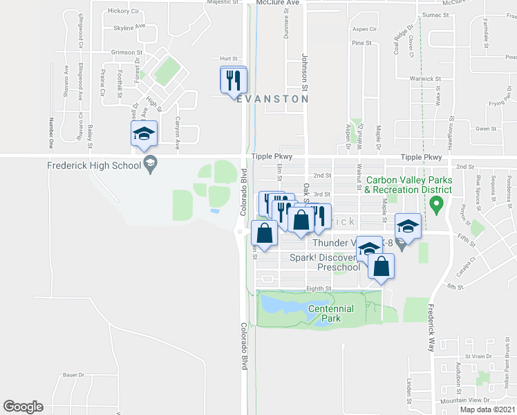 map of restaurants, bars, coffee shops, grocery stores, and more near 101 4th Street in Frederick